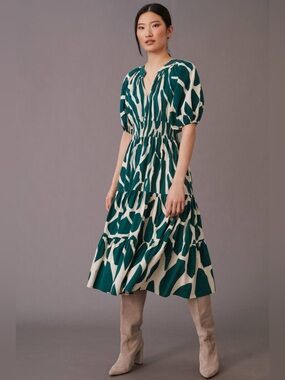 Conditions apply Anthropologie Green White Printed Puff-Sleeve long Dress cotton